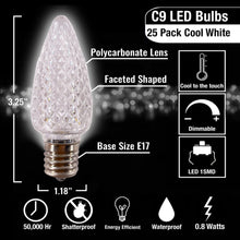 Load image into Gallery viewer, C9 LED Christmas Light Bulbs (Pack of 25) – Cool White, Energy-Efficient, Shatterproof, Commercial-Grade E17 Socket for Rooflines & Outdoor Displays