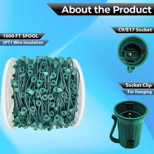 Load image into Gallery viewer, MIK Solutions 1000 Ft C9 Christmas Light Spool with E17 Socket Stringer – Green Wire, 12" Spacing, SPT-1, Professional-Grade Bulk Reel for Custom Outdoor Displays