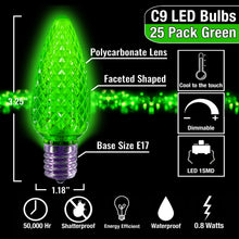 Load image into Gallery viewer, C9 Green LED Christmas Light Bulbs (Pack of 25) – Energy-Efficient, Shatterproof, Commercial-Grade E17 Socket for Rooflines & Outdoor Displays