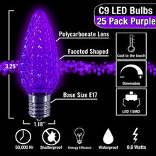Load image into Gallery viewer, C9 Purple LED Christmas Light Bulbs (Pack of 25) – Energy-Efficient, Shatterproof, Commercial-Grade E17 Socket for Rooflines & Outdoor Displays
