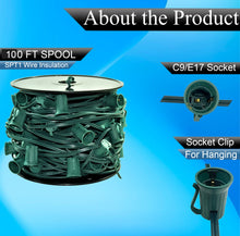 Load image into Gallery viewer, 100ft C9 Christmas Spool Green Wire with Socket Stringer Bulk Reel, 12" Spacing, Intermediate Base (C9/E17), SPT-1