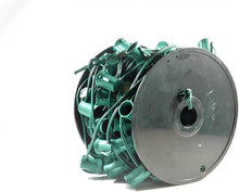 Load image into Gallery viewer, 100ft C9 Christmas Spool Green Wire with Socket Stringer Bulk Reel, 12" Spacing, Intermediate Base (C9/E17), SPT-1
