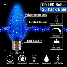 Load image into Gallery viewer, C9 Blue LED Christmas Light Bulbs (Pack of 25) – Energy-Efficient, Shatterproof, Commercial-Grade E17 Socket for Rooflines &amp; Outdoor Displays
